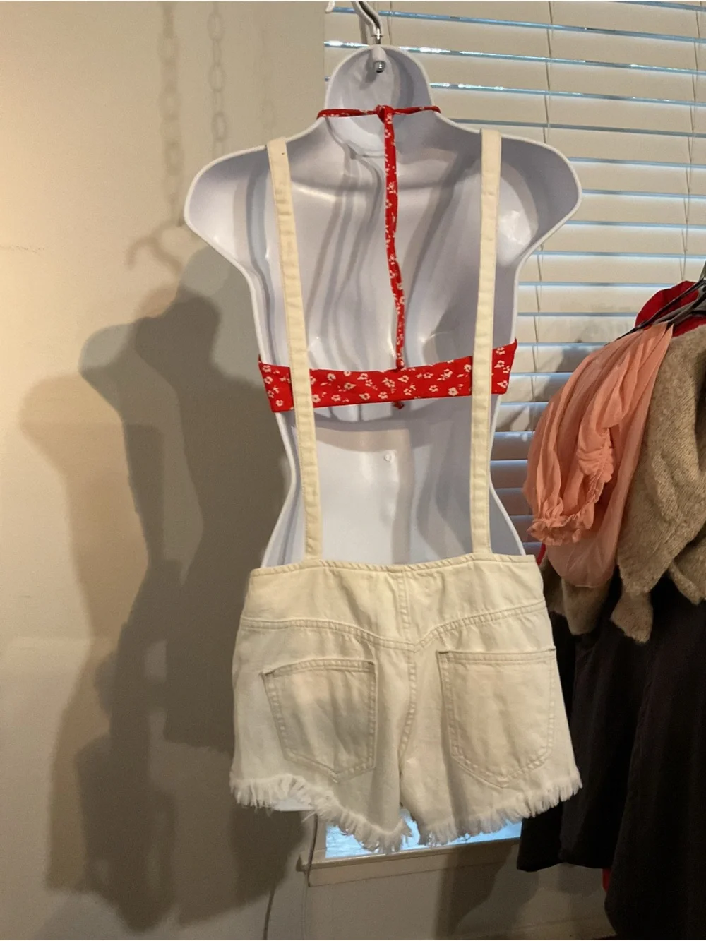 We the Free (Free People) White Cream Denim Suspender Shortalls Raw Hem- size 24